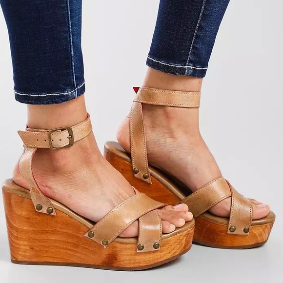 Bed|Stu Grettel Oats Rustic Leather Wedge Platform Sandals Ankle Strap Sz 9.5 - Picture 1 of 11